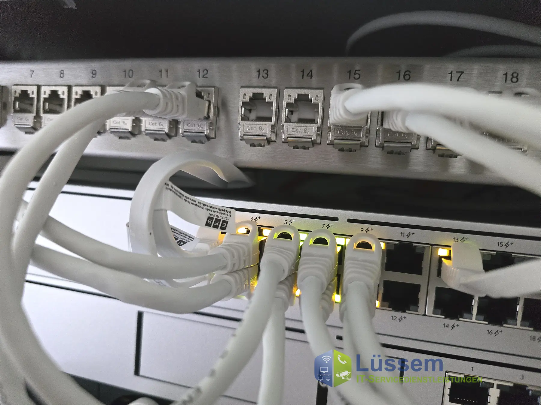 Patchpanel und Netzwerk-Switch mit angeschlossenen Netzwerkkabeln